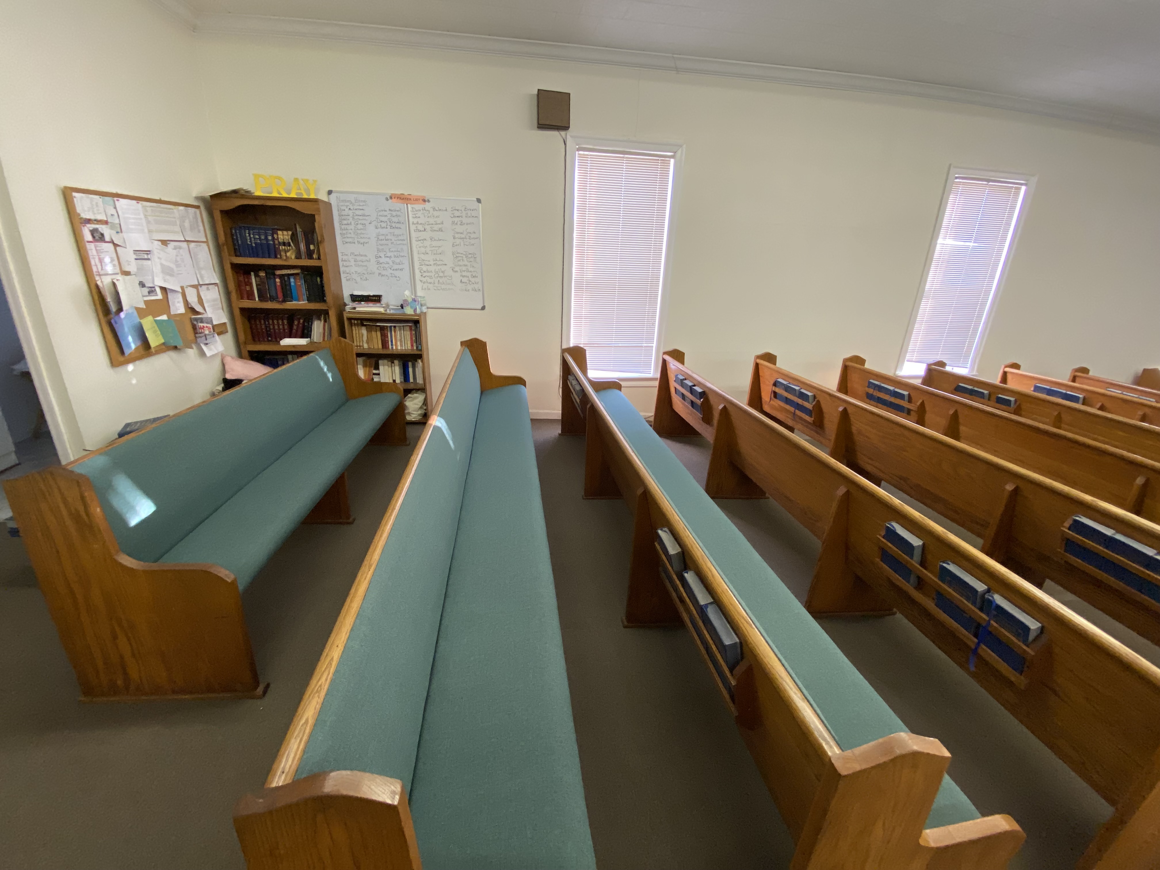 Side view of Pews upholstered by Woods Church Interiors in Northern Middle Tennessee