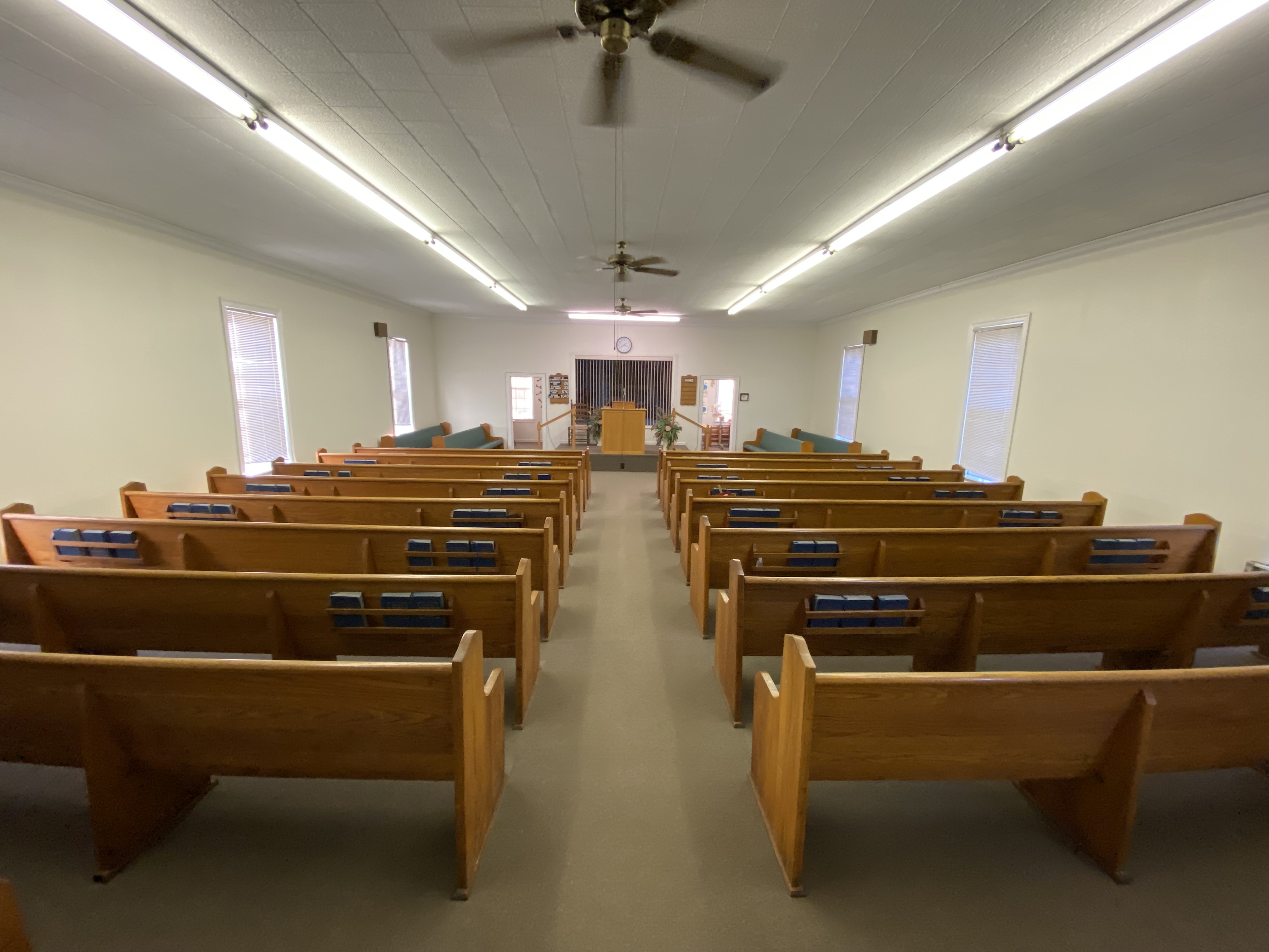 rear view of a pew upholstery job by Woods Church Interiors in Northern Middle Tennessee