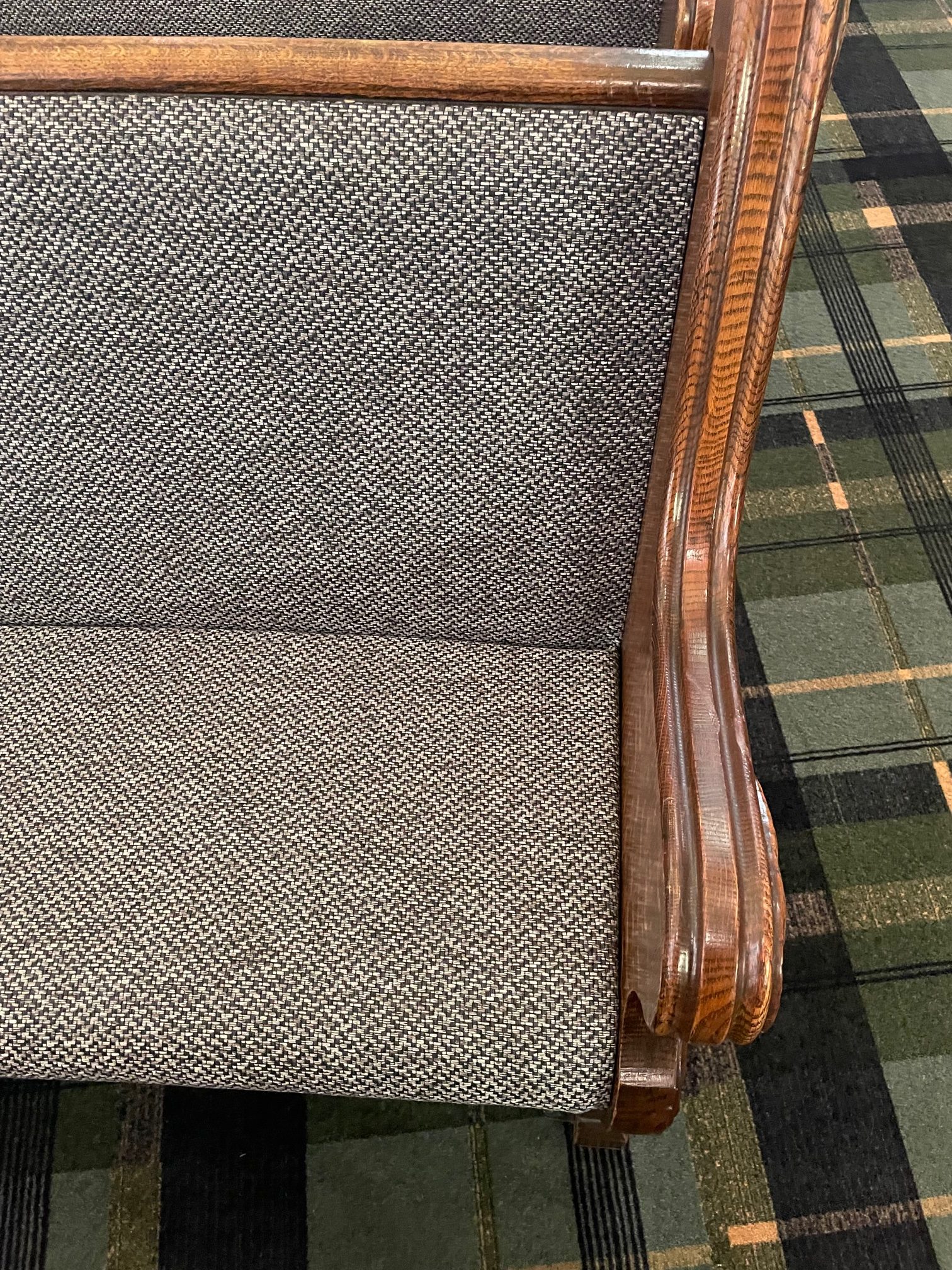 Close up of pew upholstery job by Woods Church Interiors in Boise, Idaho