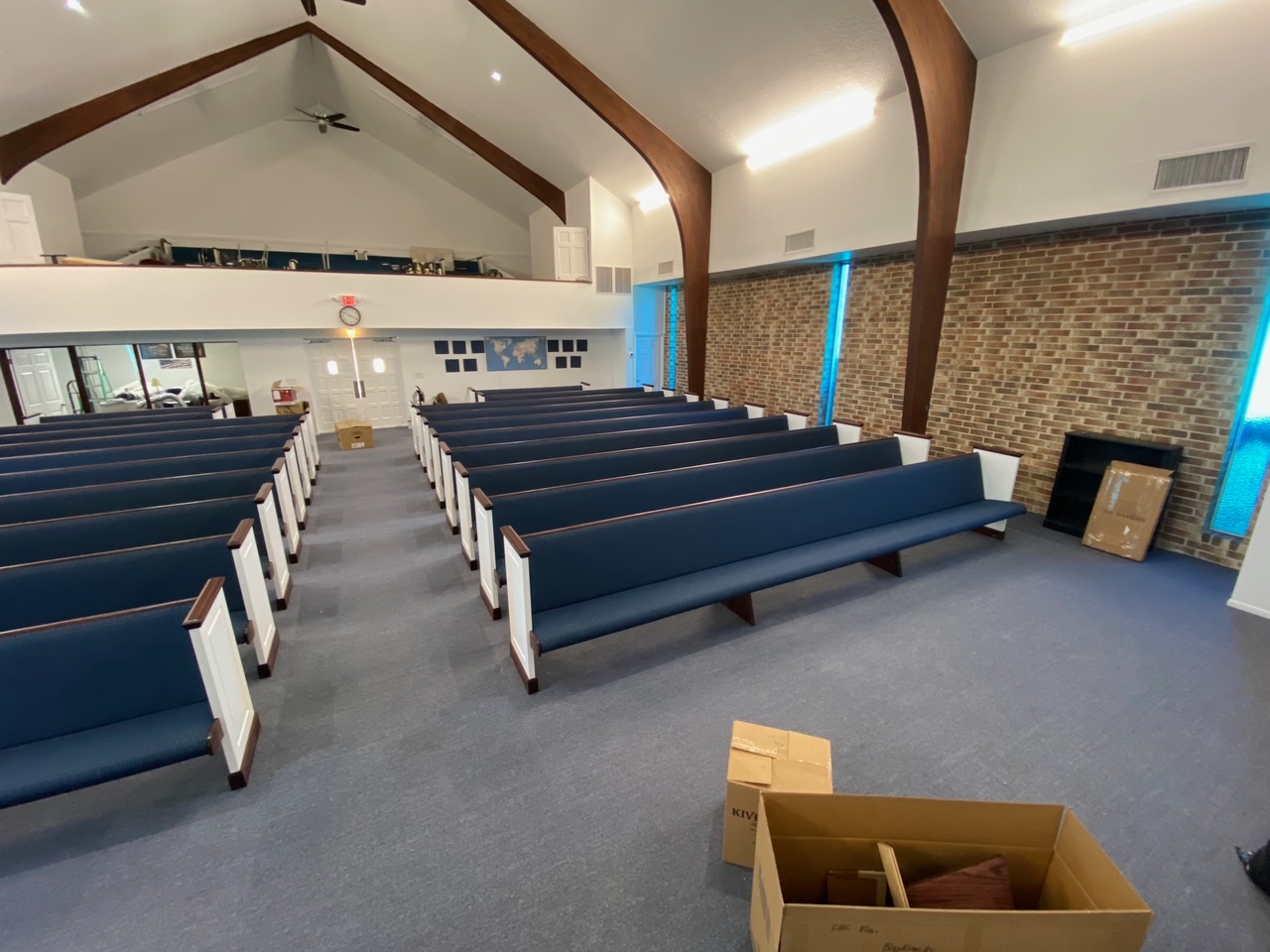 Left bank of Kivetts new pews from Woods Church Interiors in Titusville, Florida