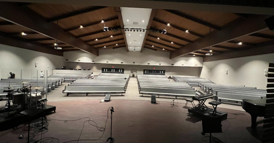 Front Full View of a Kivetts new pew installation in Euless, Texas from Woods Church Interiors