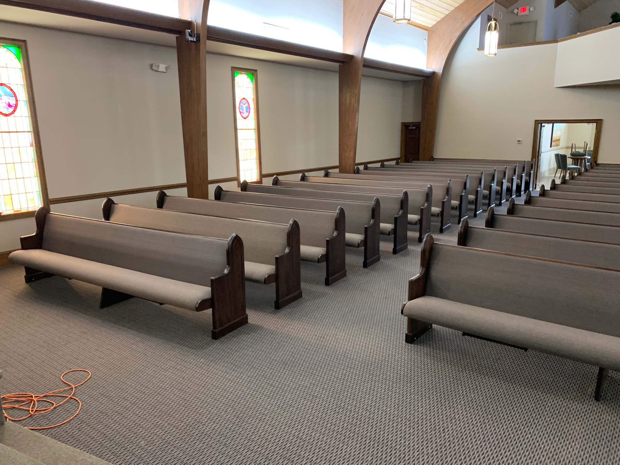 Right bank front view of New Kivetts Church Pews from Woods Church Interiors in Macon, Georgia