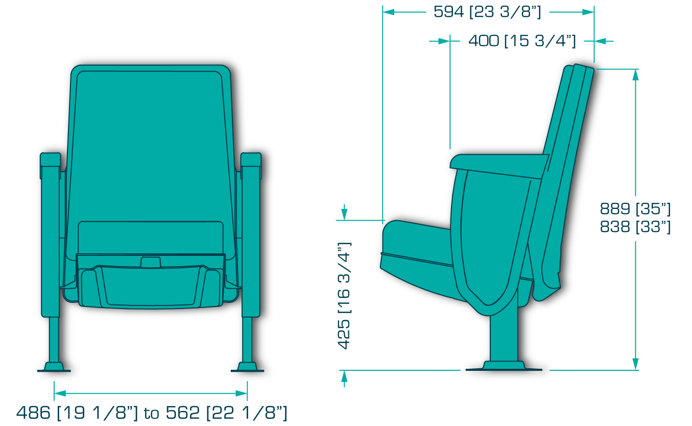 diagram showing dimensions of the Convention Compact theater seat for churches and synagogues from Woods Church Interiors